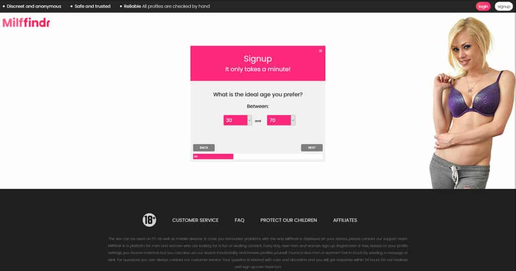 Milffindr Signup Screen