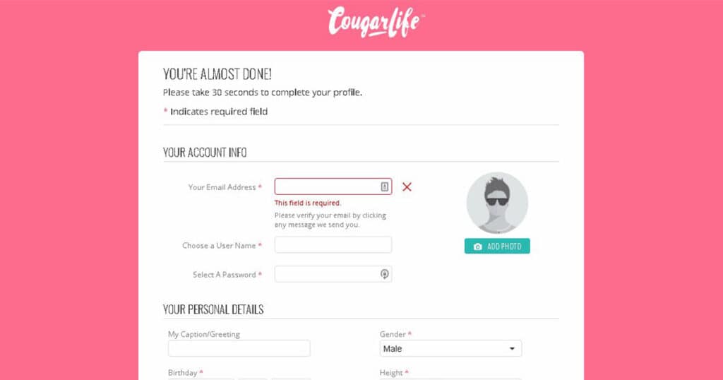 CougarLife sign up page